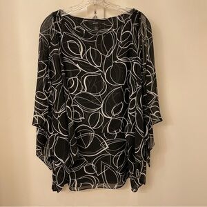 Alfani Women’s  Black White Swirl Modern Blush Gauzy Cutout Sleeve Blouse Sz 14